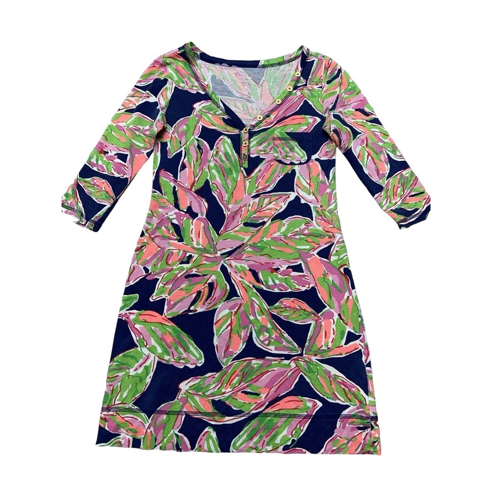 Lilly Pulitzer T-Shirt Dress Womens XS Multicolor Tropical Henley 3/4 Sleeve